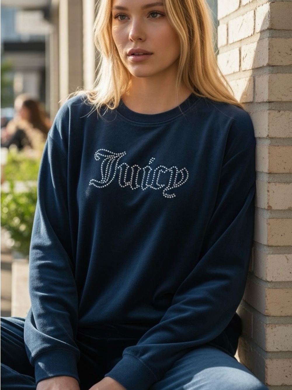Juicy Couture Navy Blue Rhinestone 'Juicy' Logo Velour Sweatshirt